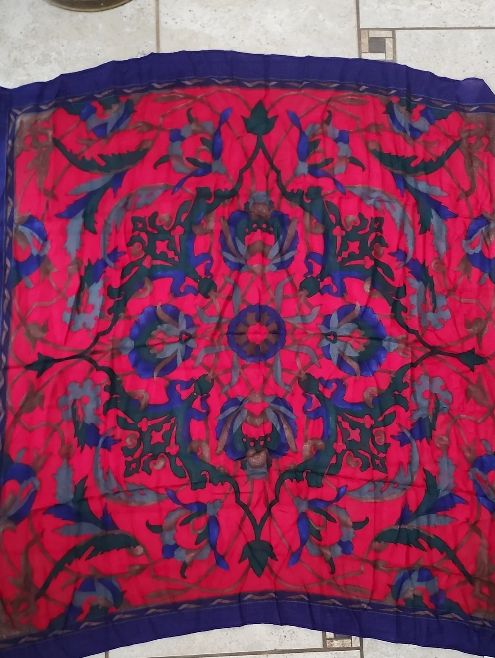 Vtg Made In Italy Vibrant Red Floral Silk-Feel Scarf Purple Border 33x33